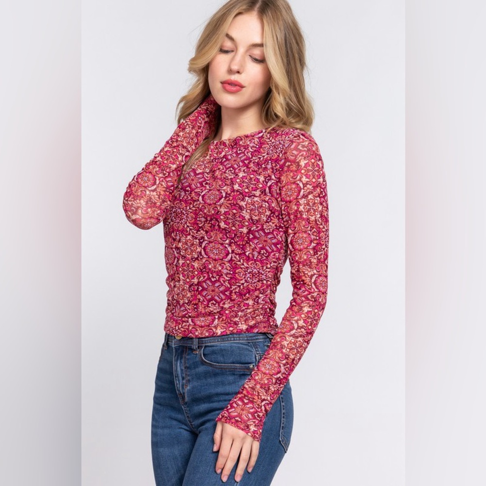 Ruched Floral Print Mesh Too